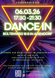 Dance In Flyer für die Jugenddisco am 06.03.25 von 17:30-21:30 Uhr